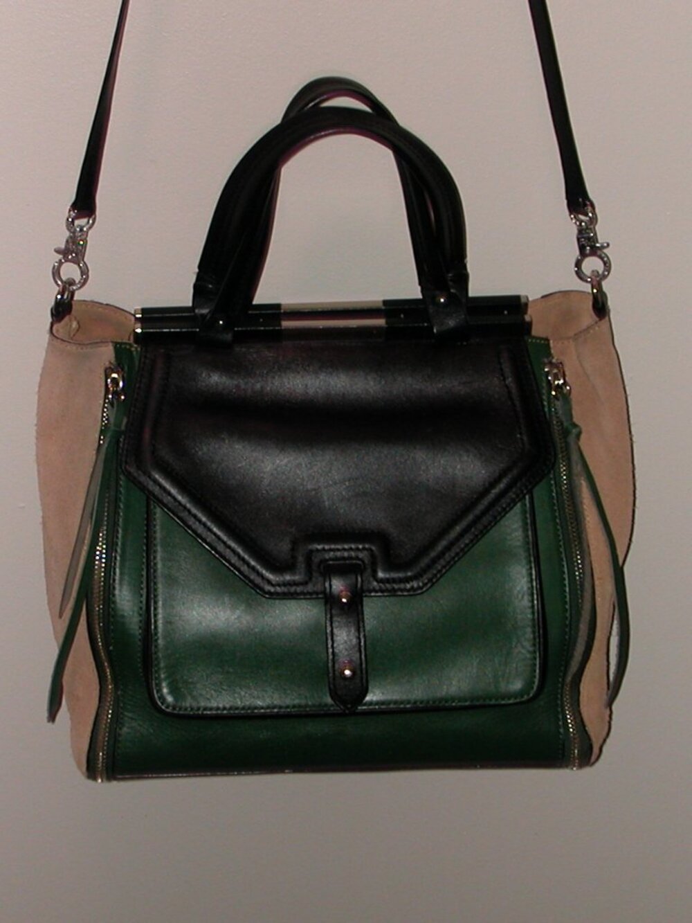 Rebecca Minkoff Black & Green Leather Tan Suede Tote Bag